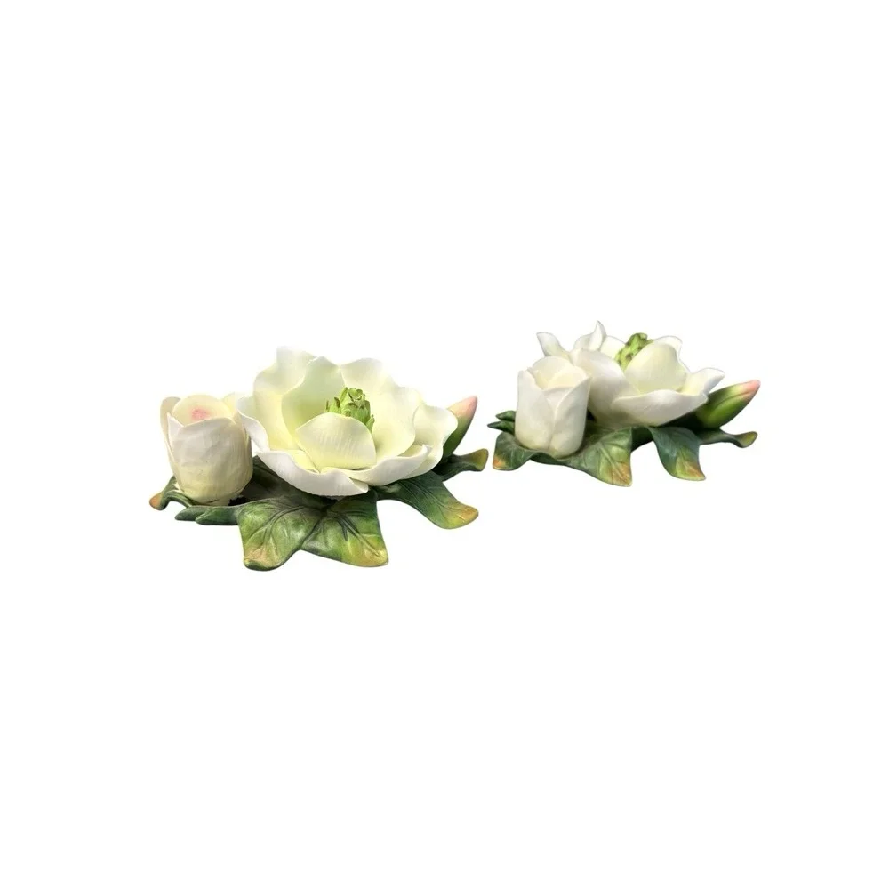 Set 2 Vintage Magnolia Flower Porcelain Figurines White Floral Decor‎